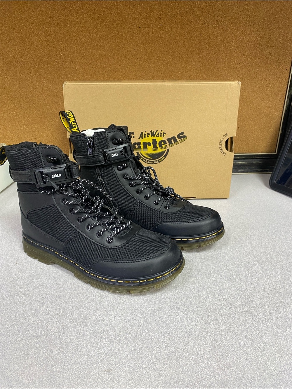 Dr. Martens Black Lace-Up Tactical Boots with Yellow Stitching